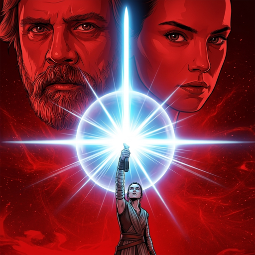 Graflex lightsaber hilt raised high with glowing blue blade against a dramatic red illustrated poster backdrop|dm:main